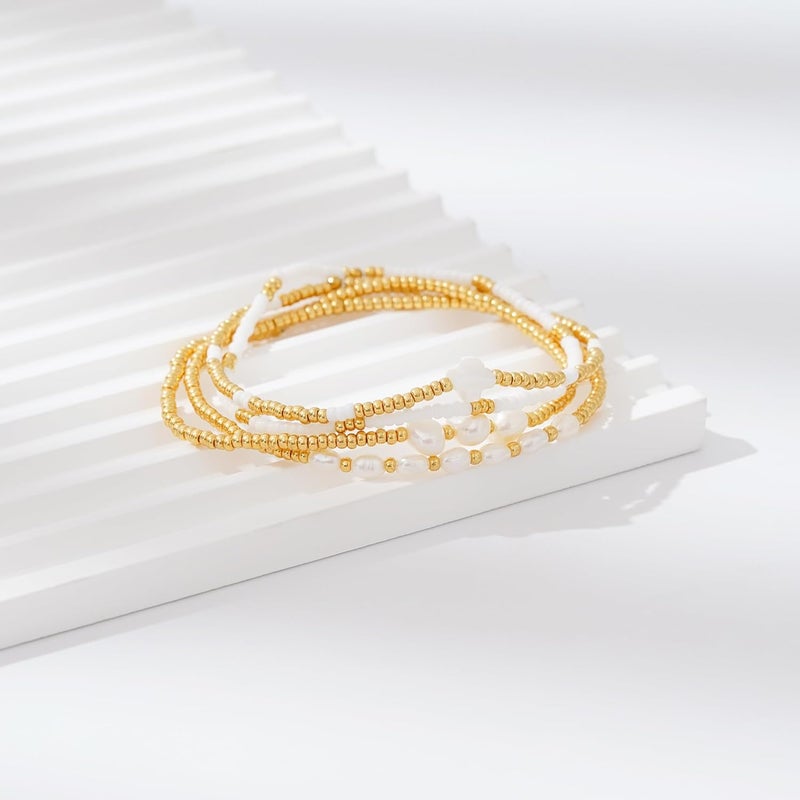 Pymach Store Dainty Gold Plated Pearl Crystal Beaded Bracelets Set for Women 14K Gold Plated Bead Pearl Beads Bracelet Stackable Paperclip Link Chain Bracelets Gold Plated Bracelets for Women Trendy Jewelry - Image 2